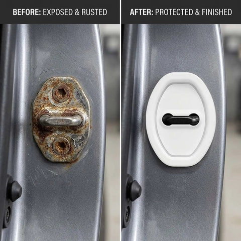 Comparison of car door latch before and after installation of Pack Of Four White Silicone Car Door Latch Covers Quiets Your Whip With Rubber Striker Pads Self Adhesive Anti Rust Guards For Smooth Daily Driver Vibes.