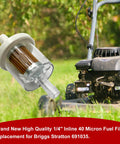 Two Pack One Quarter Inch Inline Fuel Filter Set, 40 Micron Pleated Element shown with lawn mower in garden setting.