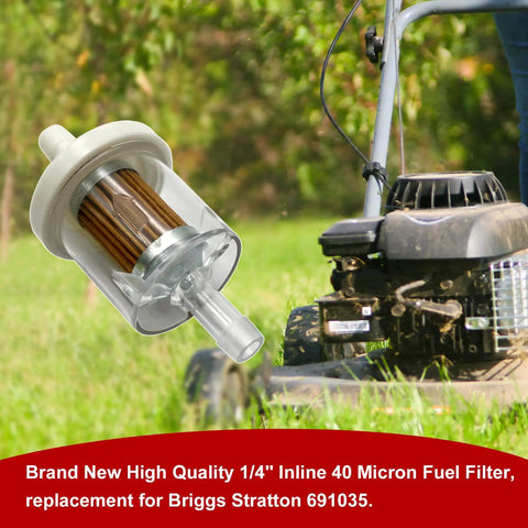 Two Pack One Quarter Inch Inline Fuel Filter Set, 40 Micron Pleated Element shown with lawn mower in garden setting.