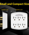 Heavy Duty Six Outlet Wall Tap Adapter With Three Prong Grounded Power Splitter And Soft Led Night Light Cover For Home Office Dorm Rooms, showing dimensions and compact design.