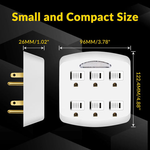 Heavy Duty Six Outlet Wall Tap Adapter With Three Prong Grounded Power Splitter And Soft Led Night Light Cover For Home Office Dorm Rooms, showing dimensions and compact design.