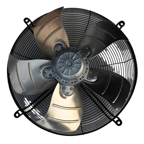 Flow Fan ALB500E4-2M00-T Industrial Ventilation Blower for Machinery, 500mm circular metal blades, black frame, front view.
