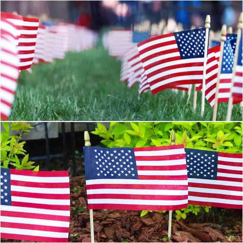 Six Pack 4x6 Inch Small American Flags On Wooden Sticks Handheld USA Flags With Kid Safe Spear Top For Outdoor Use on grass