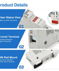 Infographic of One Pole Fuse Holder Base For RT18-32 Fuses 10x38mm 32 Amp 690 VAC Din Rail Mount with Indicator Light features