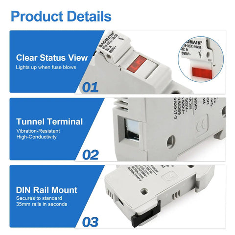 Infographic of One Pole Fuse Holder Base For RT18-32 Fuses 10x38mm 32 Amp 690 VAC Din Rail Mount with Indicator Light features