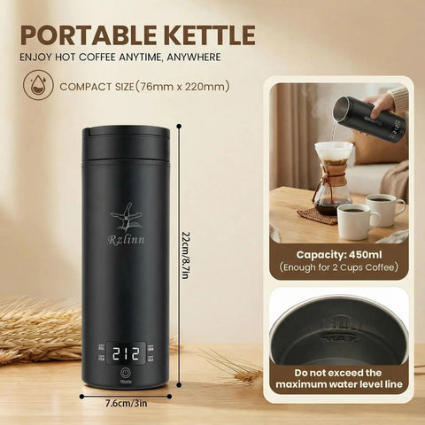 Slick Compact Travel Electric Kettle One Twenty Volt With Adjustable Temp Settings Fast Boil Portable Hot Water Maker For Daily Grind College Dorm Or Weekend Rides, black portable kettle with display, 450ml capacity.
