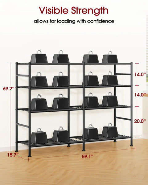 Badass Heavy Duty Four Tier Garage Storage Shelves With Wide Metal Frame For Storing Bulky Tools Workshop Gear And House Items In Classic Black Finish For Any Space, measuring 69.2" by 59.1" with sturdy metal construction.