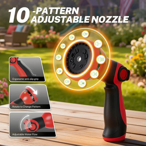 10-pattern adjustable nozzle of Retractable Garden Hose Reel One Half Inch By 50 Ft Wall Mounted Outdoor Hose Organizer