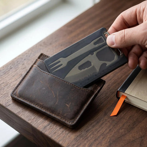 Hand holding 4 In 1 Pocket Multi Tool Card Stainless Steel Outdoor Survival Gear with fork, bottle opener, and ruler beside wallet.