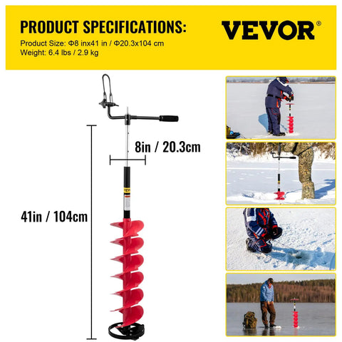 8 Inch Nylon Ice Fishing Auger Kit With 14 Inch Extension Rod And Drill Adapter, 41 Inch Overall Length in use on ice