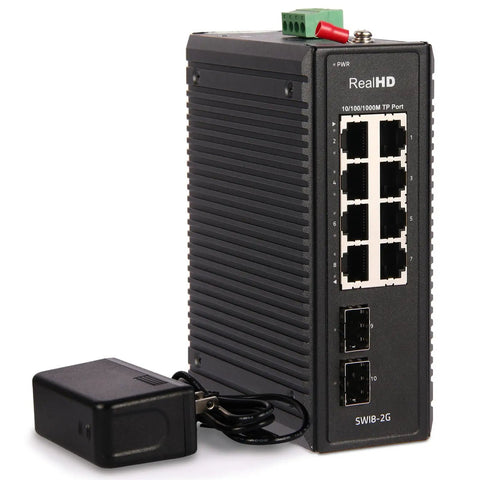 Industrial Beefy 8 Port Gigabit Ethernet Switch with 2 SFP Ports, DIN Rail and Wall Mountable, UL Power Supply Included