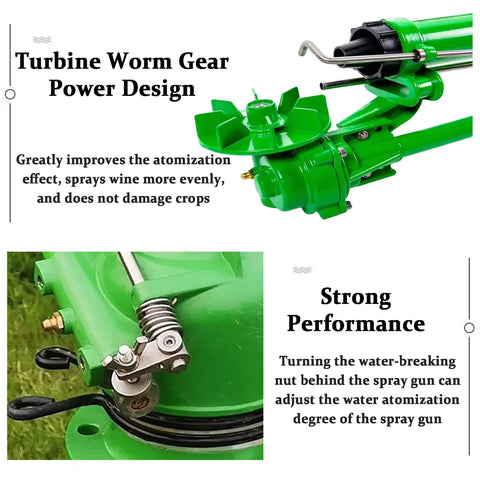 Close-up of the Tripod Farm Irrigation Sprinkler With Pressure Gauge showing turbine gear design for effective water atomization.