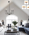 Six Light Industrial Black Chandelier For Dining Room And Living Space Dope Modern Farmhouse Pendant in living room setting