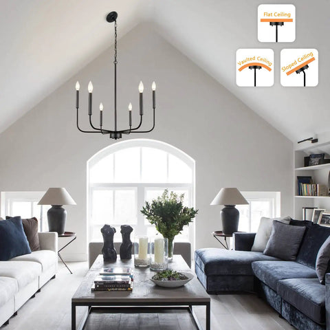 Six Light Industrial Black Chandelier For Dining Room And Living Space Dope Modern Farmhouse Pendant in living room setting