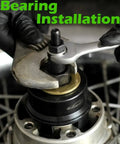 Close-up of wheel bearing installation using Wheel Bearing Puller Tool Kit For Harley Davidson Motorcycles, Quick Remove And Install Bearings In Minutes.