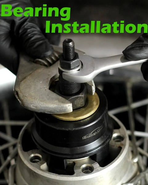 Close-up of wheel bearing installation using Wheel Bearing Puller Tool Kit For Harley Davidson Motorcycles, Quick Remove And Install Bearings In Minutes.