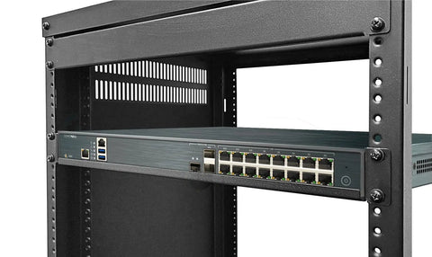 Straight Up Heavy Lifter Eight Gbps Next Gen Firewall Appliance Hardware Unit in a network rack, showcasing multiple gigabit ports.