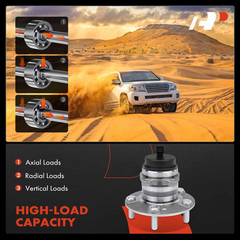 Two Pack Rear Wheel Bearing And Hub Assemblies With ABS And 5 Lug For Kia Forte 2010 To 2013 Including Forte Koup And Forte5 2012 To 2013, High Load Capacity Ball Bearings For Smooth Ride And Easy Installation, shown with high-load capacity details and SUV driving on sand dunes.