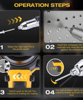 Operation steps for 20V Cordless Rivet Gun With Brushless Motor And 2000 Lbs Kick Ass Power, guide nozzle and workpiece area shown.