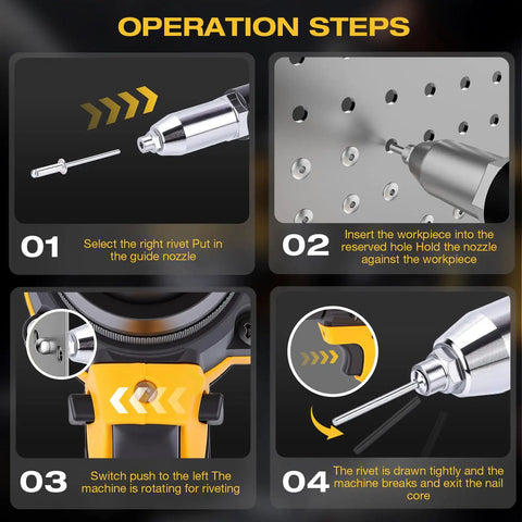 Operation steps for 20V Cordless Rivet Gun With Brushless Motor And 2000 Lbs Kick Ass Power, guide nozzle and workpiece area shown.