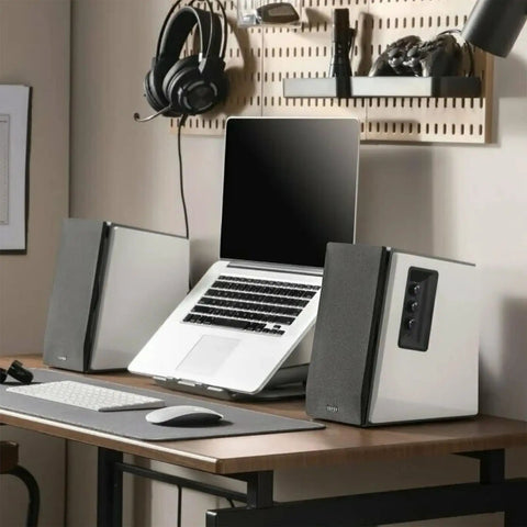 R1700BT Bluetooth Bookshelf Speakers With 66W RMS Power, Boss Sound Active Near Field Studio Monitors beside laptop on desk