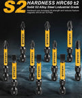 Ten-piece magnetic bit set with 1/4-inch hex shank; Phillips #1–3, Slotted, Pozidriv bits in S2 steel for impact drivers.