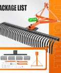 60 Inch Landscape Rake For Category 1 Tractors, 3 Point Tow-Behind Garden Tool showing assembled parts with 360 degree head.