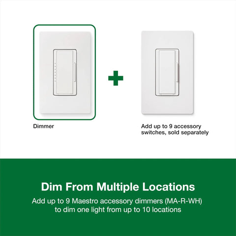 Diagram showing Maestro LED Dimmer Switch for dimmable LED, halogen, and incandescent bulbs, plus accessory switch option.