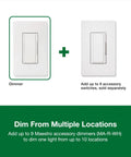 Maestro LED Plus Dimmer Switch For Dimmable LED Halogen And Incandescent Bulbs 150W Single-Pole Or Multi-Location MACL-153M-WH-4 White 4-Pack shown with additional accessory switch for multi-location dimming.