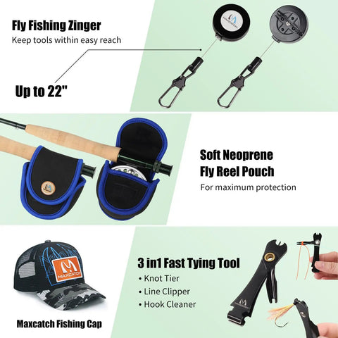 All-In-One Fly Fishing Starter Kit With 5 Weight 9 Ft 4-Piece Rod, aluminum zinger, neoprene reel cover, cap and tools.