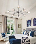 Lit 12 Light Black Sputnik Chandelier With Modern Glass Globes Pendant Ceiling Light For Dining Room Living Room And Bedroom Vintage Style Modern Fixture With Sloped Ceiling Adapter Canopy in stylish bedroom