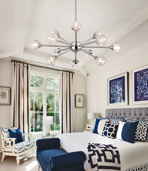 Lit 12 Light Black Sputnik Chandelier With Modern Glass Globes Pendant Ceiling Light For Dining Room Living Room And Bedroom Vintage Style Modern Fixture With Sloped Ceiling Adapter Canopy in stylish bedroom