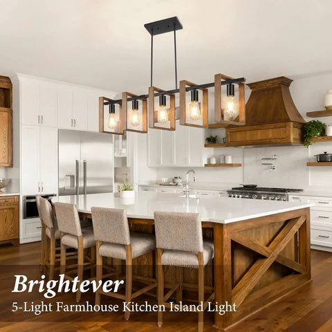 53 Inch Farmhouse Kitchen Island Light Five Light Adjustable Dining Room Wood And Black Metal Chandelier in kitchen setting