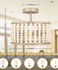 Boho Farmhouse 2 Light Wood Beaded Semi Flush Mount Ceiling Light In Deep Oak Rustic Chandelier for bedroom or kitchen island