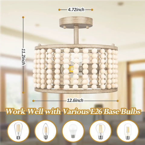 Boho Farmhouse 2 Light Wood Beaded Semi Flush Mount Ceiling Light In Deep Oak Rustic Chandelier for bedroom or kitchen island