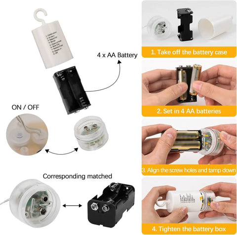 Step-by-step battery installation for Lit 8 Pack LED Copper Wire Firework String Lights With Remote, Dimmable And Waterproof IP65.