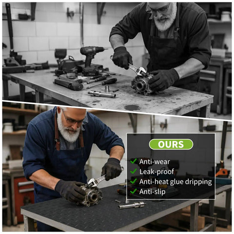 Woodworker using non slip 2mm thick work bench pad 48 by 17 inch textured PVC mat for woodworking DIY garage tabletop protection.