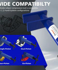 Beefy 4 In 1 Universal Brake Caliper Compression Tool For 1 2 4 And 6 Piston Calipers with blue design and diagrams