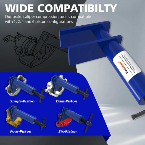 Beefy 4 In 1 Universal Brake Caliper Compression Tool For 1 2 4 And 6 Piston Calipers with blue design and diagrams