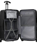 Interior view of durable spinner luggage with compartments and tie down straps for organized packing. Suitable for frequent flyers and travel.