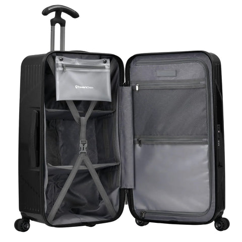 Interior view of durable spinner luggage with compartments and tie down straps for organized packing. Suitable for frequent flyers and travel.