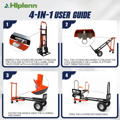 4-in-1 user guide for Beefy Aluminum 4 In 1 Convertible Hand Truck Dolly with smooth wheels and heavy-duty frame.