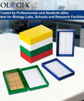 Top Tier Microscope Slide Storage Box With Heavy Duty Foam Liner Keeps Twenty Five Glass Slides Secure And Scratch Free Pack Of Five No Fuss Lab Organizer Case For Education Labs And Science Crews Now with colorful boxes on a table.