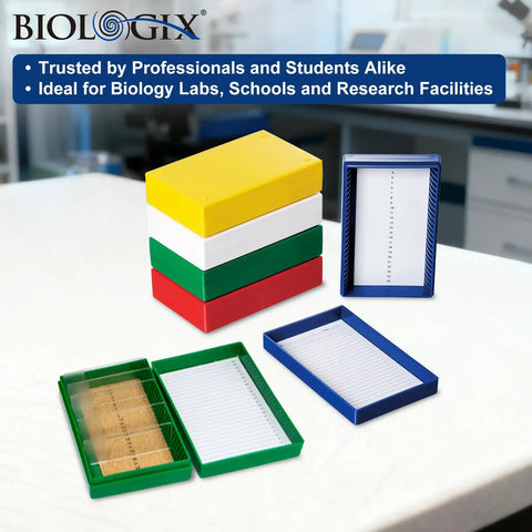 Top Tier Microscope Slide Storage Box With Heavy Duty Foam Liner Keeps Twenty Five Glass Slides Secure And Scratch Free Pack Of Five No Fuss Lab Organizer Case For Education Labs And Science Crews Now with colorful boxes on a table.