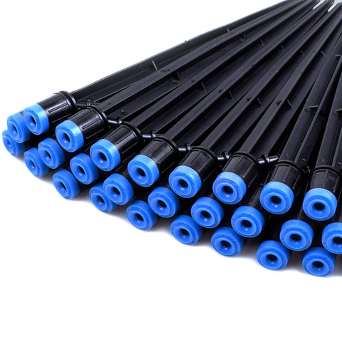 50 Pack Drip Emitters With Stakes, Fan Shaped 360 Degree Sprayer, Adjustable Water Flow Up To 25 GPH, arranged in rows