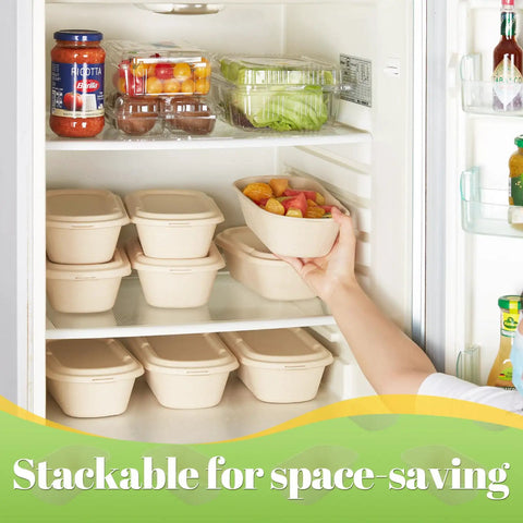Person stacking 34 Oz Sugarcane Pulp Takeout Containers With Lids Eco Friendly Plastic Free Biodegradable Compostable Microwave Safe To Go Boxes For Meal Prep Pack Of 50 in fridge