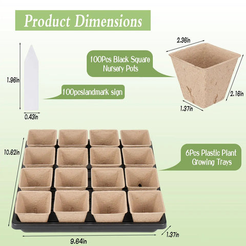 Seed Starter Kit With 100 Square Nursery Pots With Drain Holes 6 Plastic Plant Trays And Labels dimensions diagram