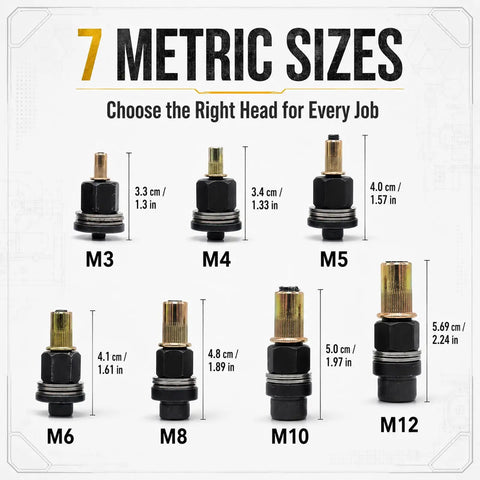 Multi Size Rivet Nut Tool Kit M3 To M12 With Matching Rivet Nuts For Metal Sheets And Aluminum Panels Auto Repair Ready Threaded Inserts For Steel Aluminum Frames And Brackets DIY Projects, 7 metric sizes