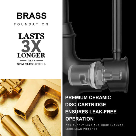 Brass components and ceramic cartridge shown for Sharp Looking Champagne Gold Kitchen Faucet With Pull Down Sprayer And Single Handle Mixer.