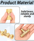 Brass Tube Fitting Kit With Flare Tee Fittings Three Eighths Inch, Brass Three Eighths Inch Female Flare Swivel Adapters, And Two Compression Tee Connectors Plus Waterproof Adhesive Tape Pack For Quick No Fuss Valve Setup in hand